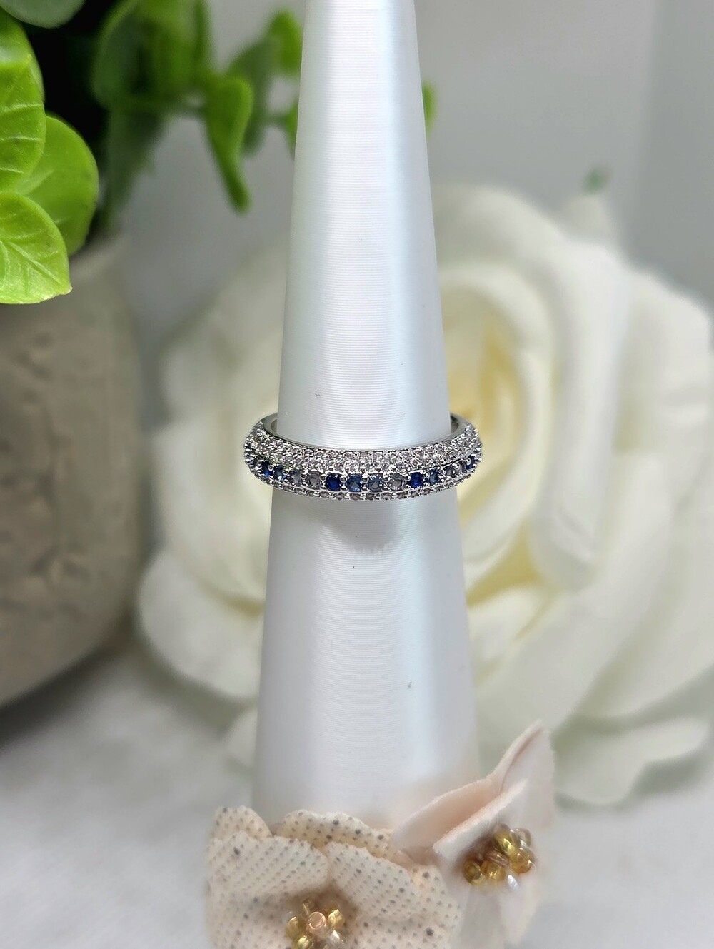 BP Sterling Band With Aqua Marine CZs On Rhodium Plating